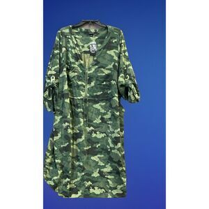 NWT Torrid Dress Womens Size 3 Green Camouflage Drawstring 3/4 Sleeve Casual